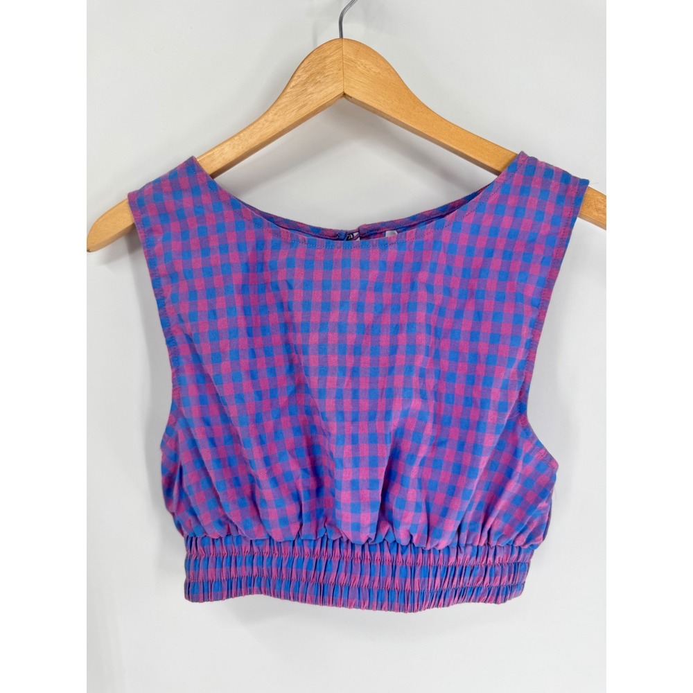 Charlie Holiday Elena Gingham Crop Top Women Est Sz XS Pink Blue Sleeveless - Picture 13 of 14